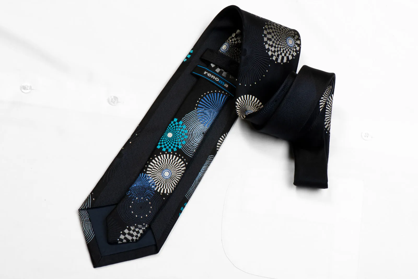 Renoma Rhinestone Silk Necktie Silver Blue Geometric