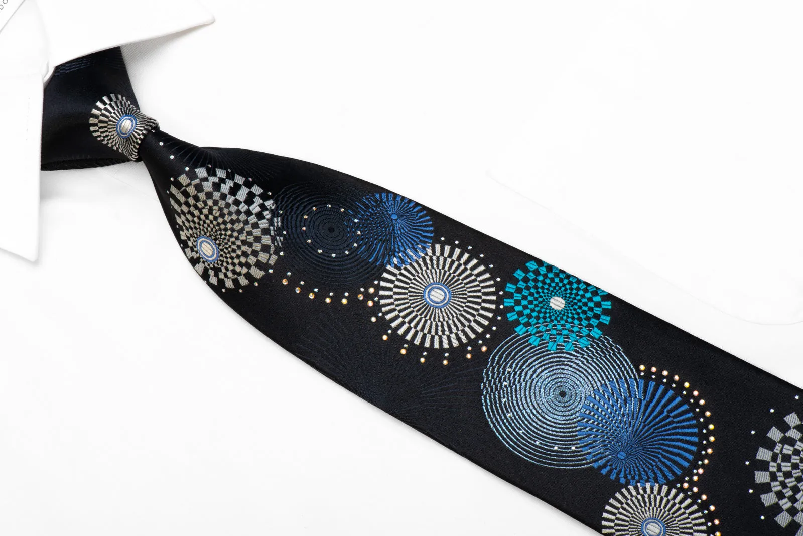 Renoma Rhinestone Silk Necktie Silver Blue Geometric