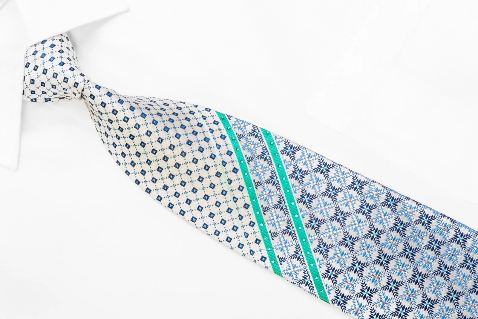 Renoma Rhinestone Silk Tie Teal Blue Striped Cartouche On Silver With Sparkles