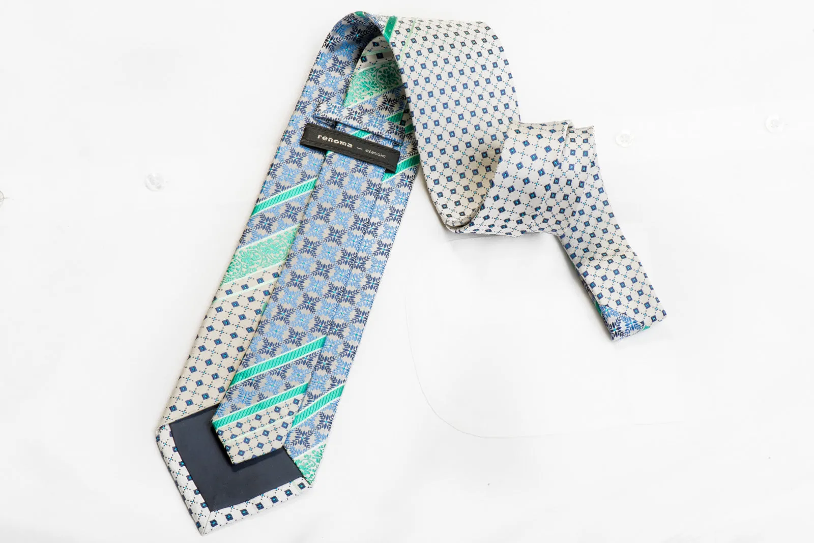 Renoma Rhinestone Silk Tie Teal Blue Striped Cartouche On Silver With Sparkles