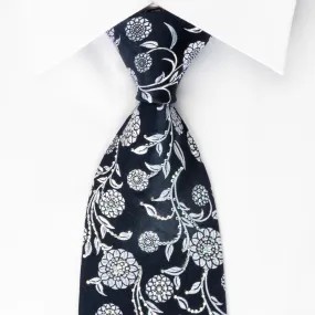 Renoma Rhinestone Tie Silver Floral On Woven Navy Blue Silk