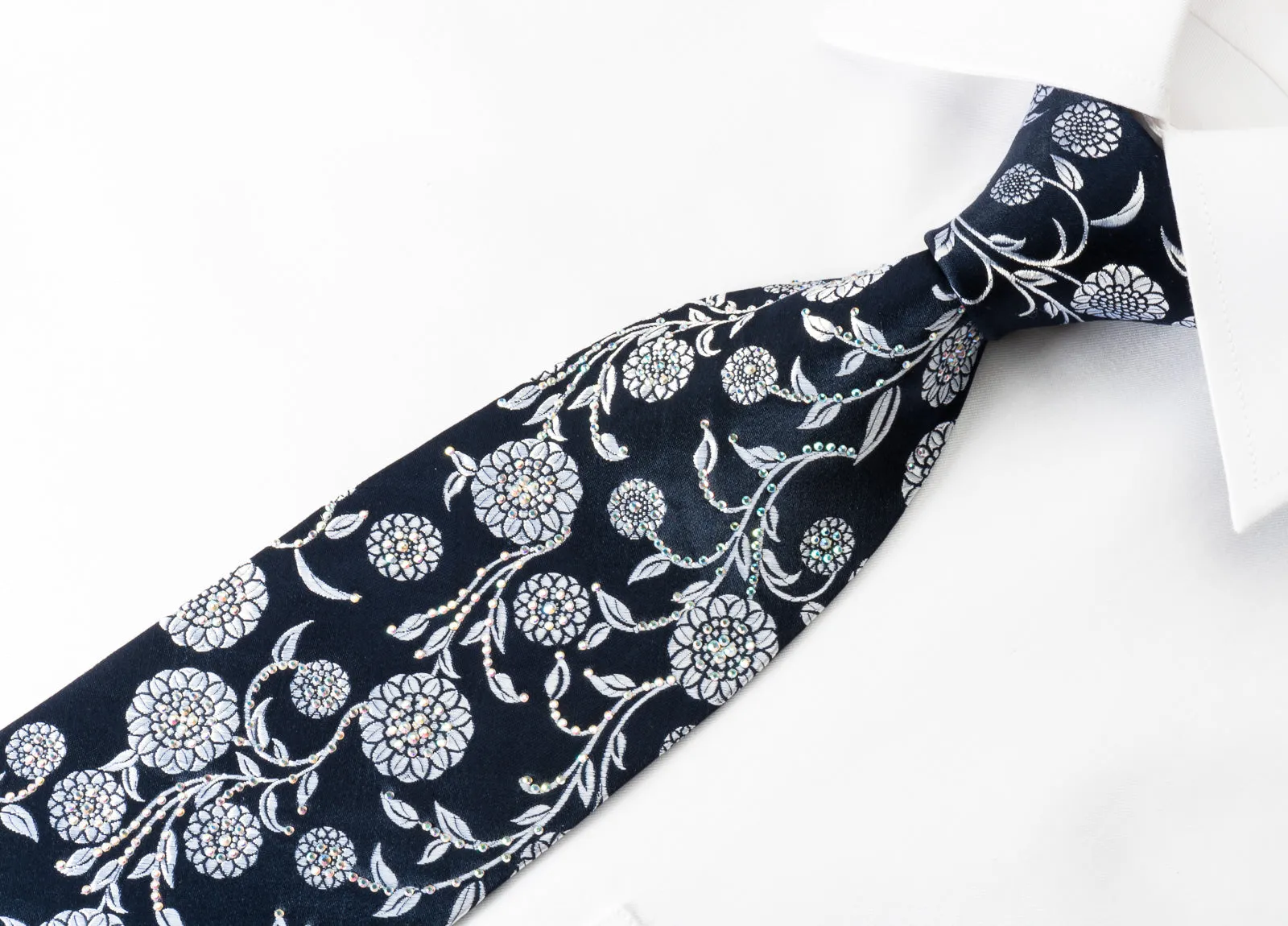 Renoma Rhinestone Tie Silver Floral On Woven Navy Blue Silk