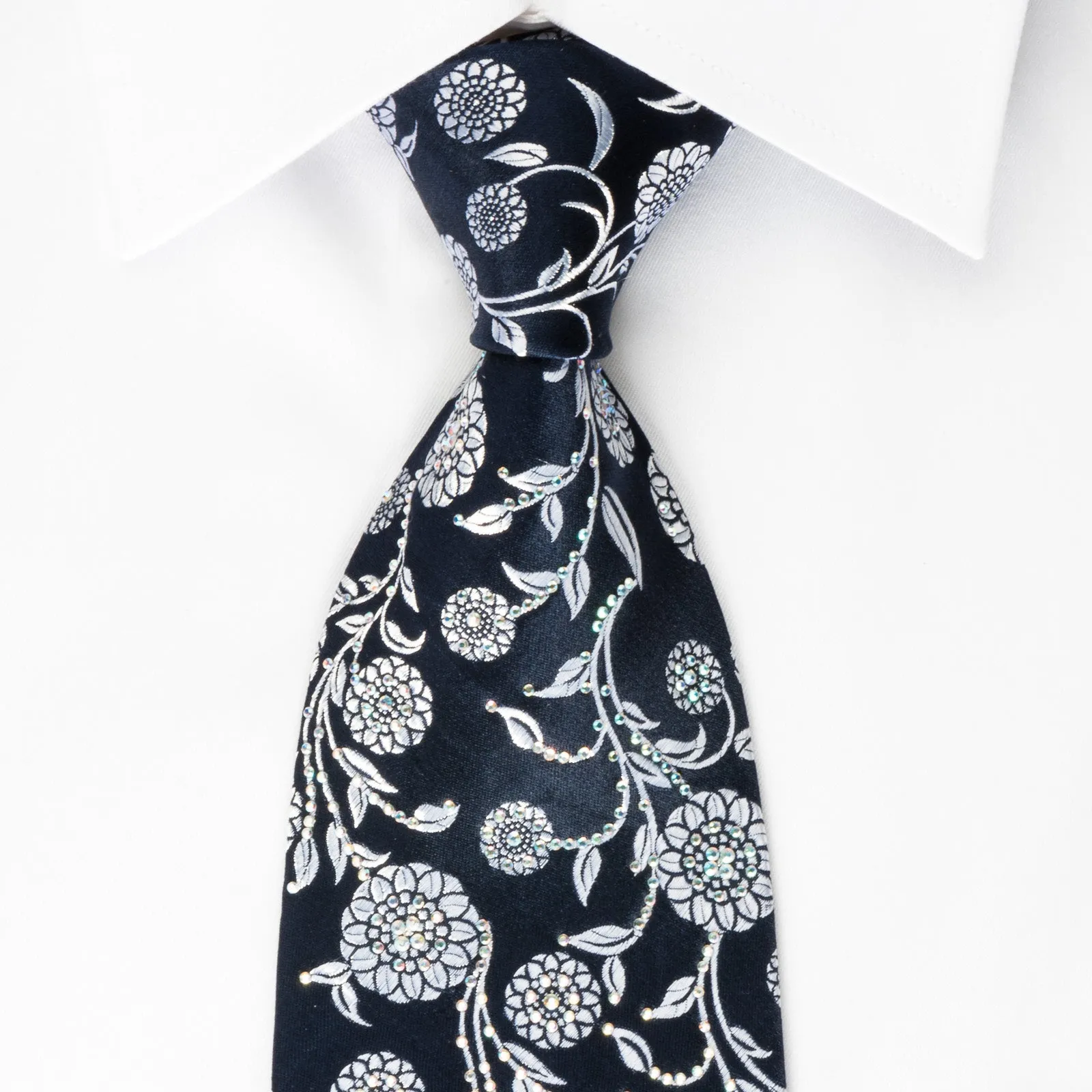 Renoma Rhinestone Tie Silver Floral On Woven Navy Blue Silk
