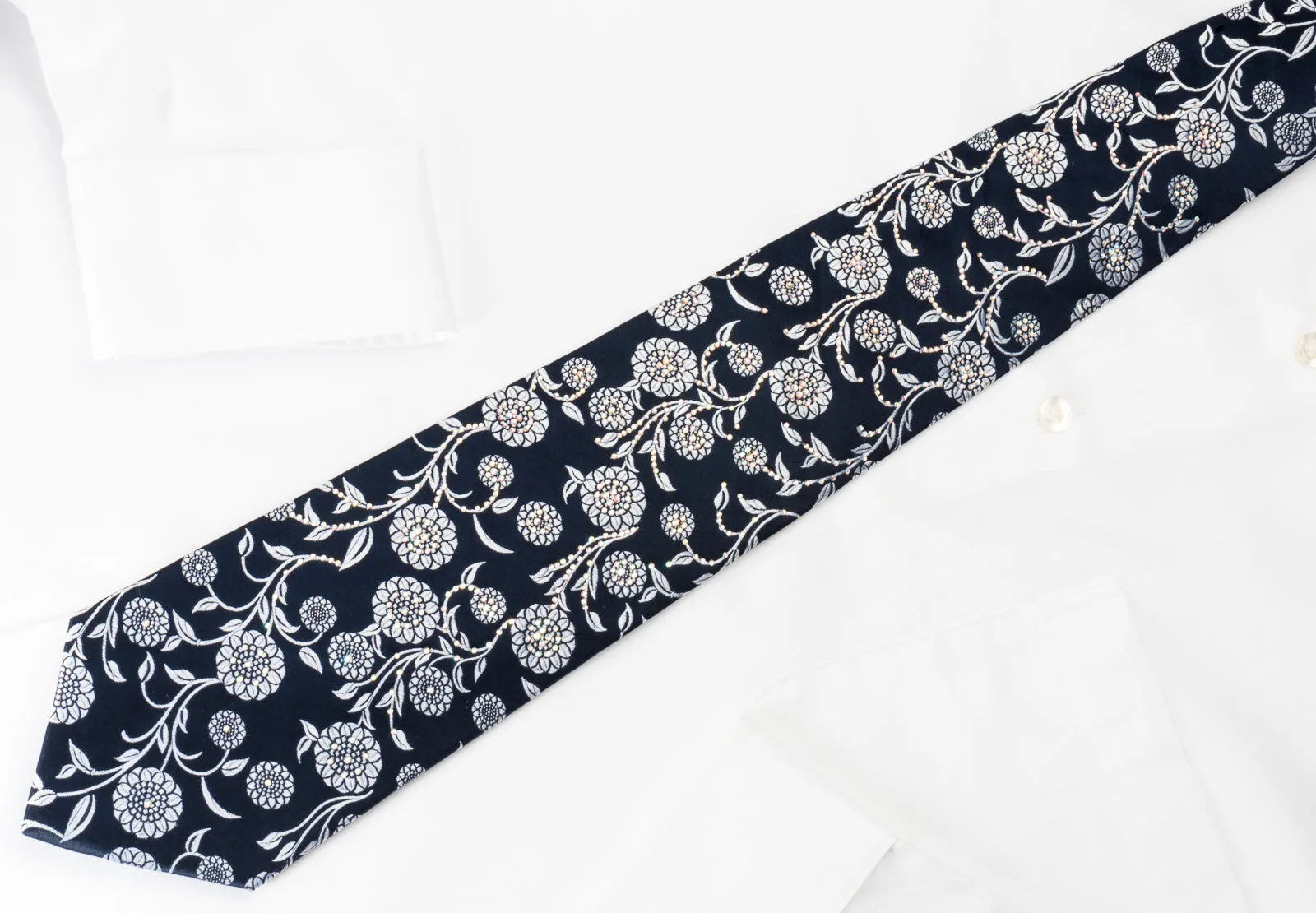 Renoma Rhinestone Tie Silver Floral On Woven Navy Blue Silk