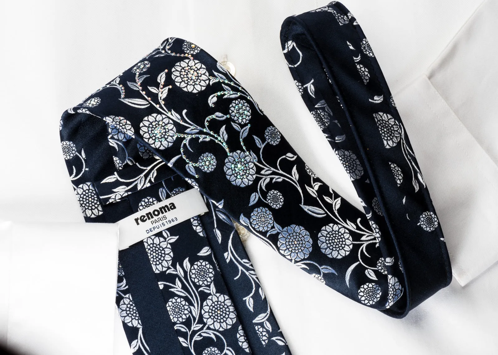 Renoma Rhinestone Tie Silver Floral On Woven Navy Blue Silk