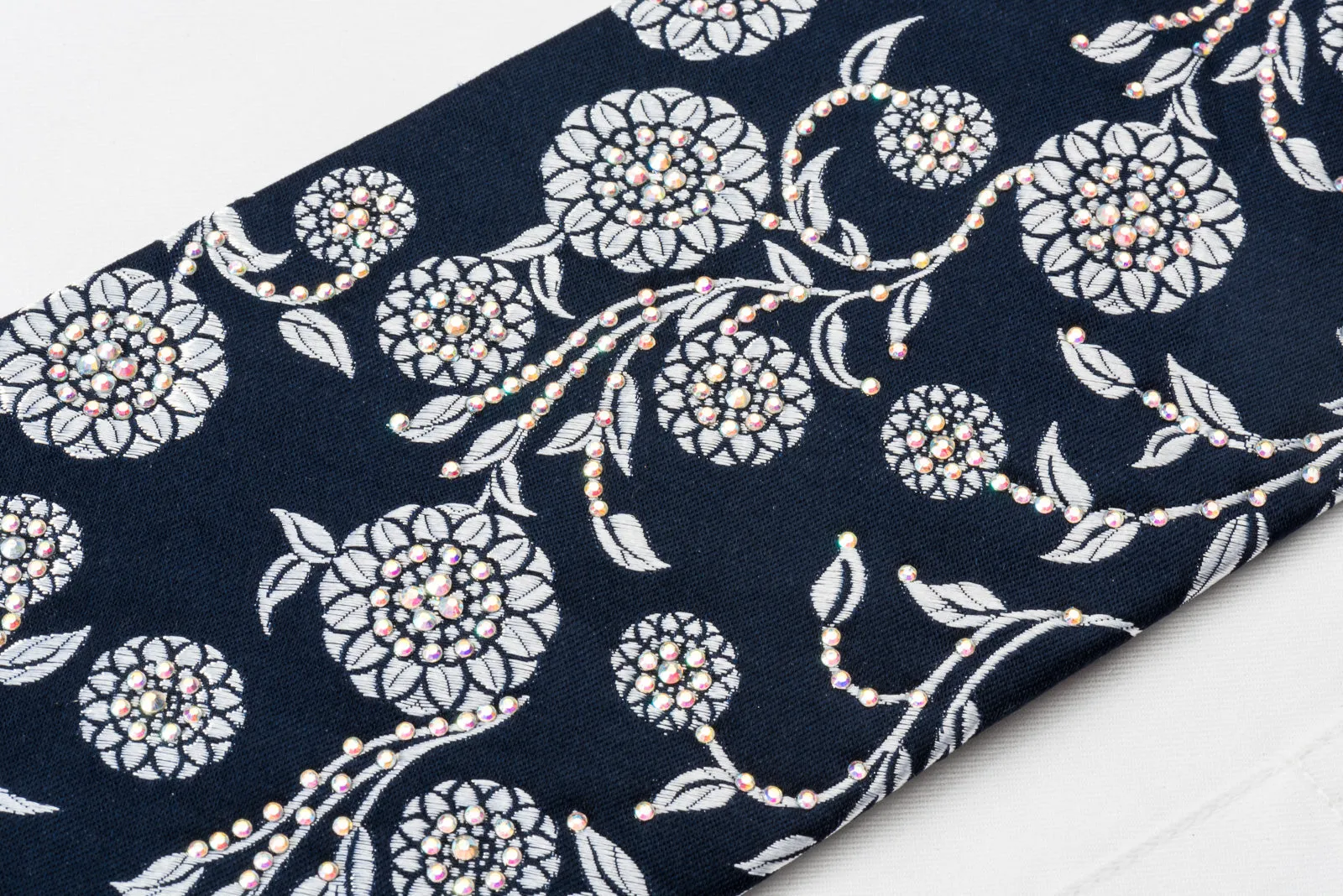 Renoma Rhinestone Tie Silver Floral On Woven Navy Blue Silk