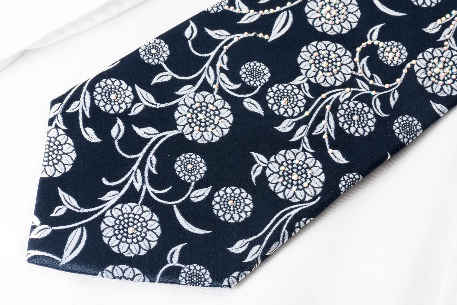 Renoma Rhinestone Tie Silver Floral On Woven Navy Blue Silk