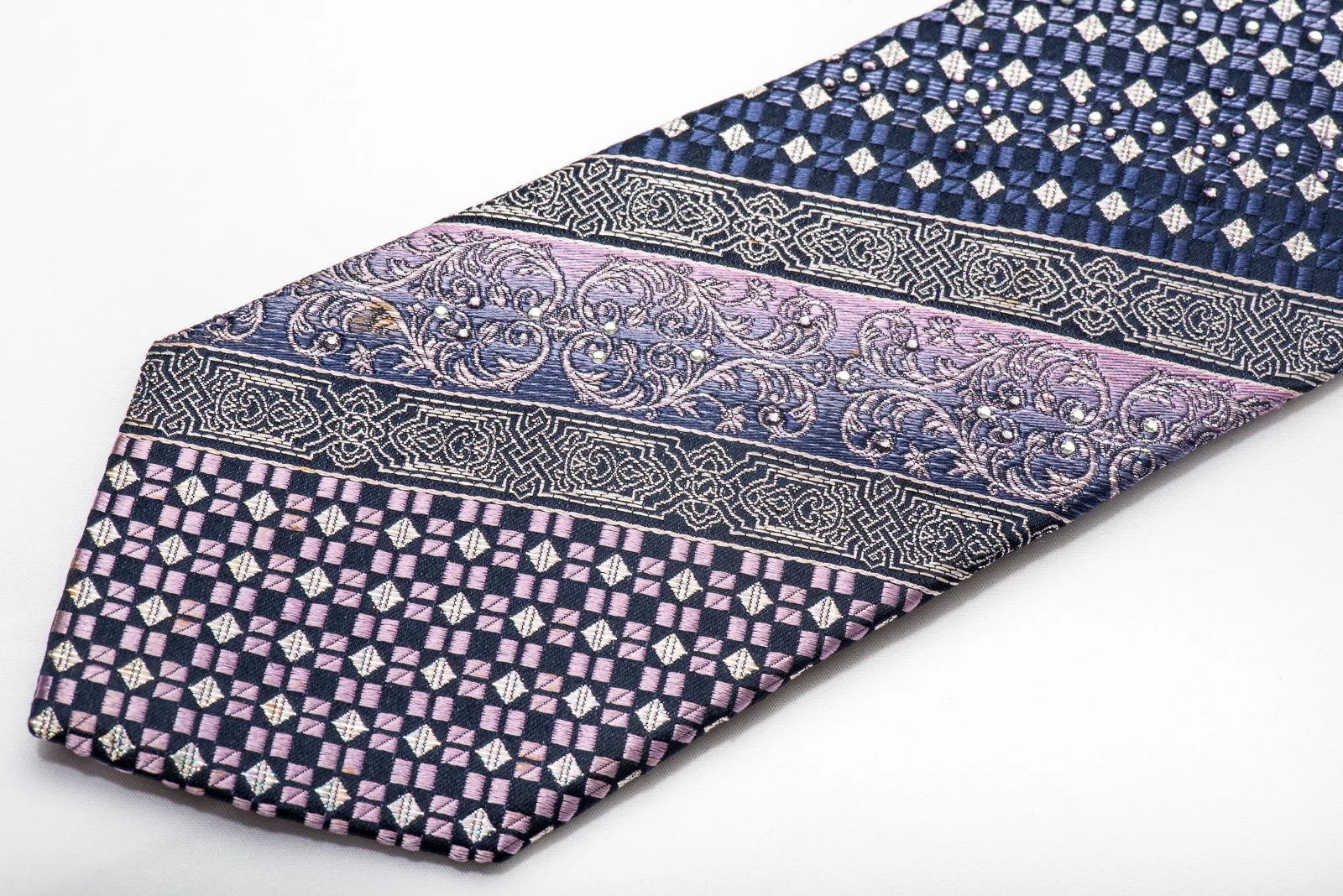 Rogatis Men's Rhinestone Silk Necktie Silver Purple Checkered With Silver Sparkles
