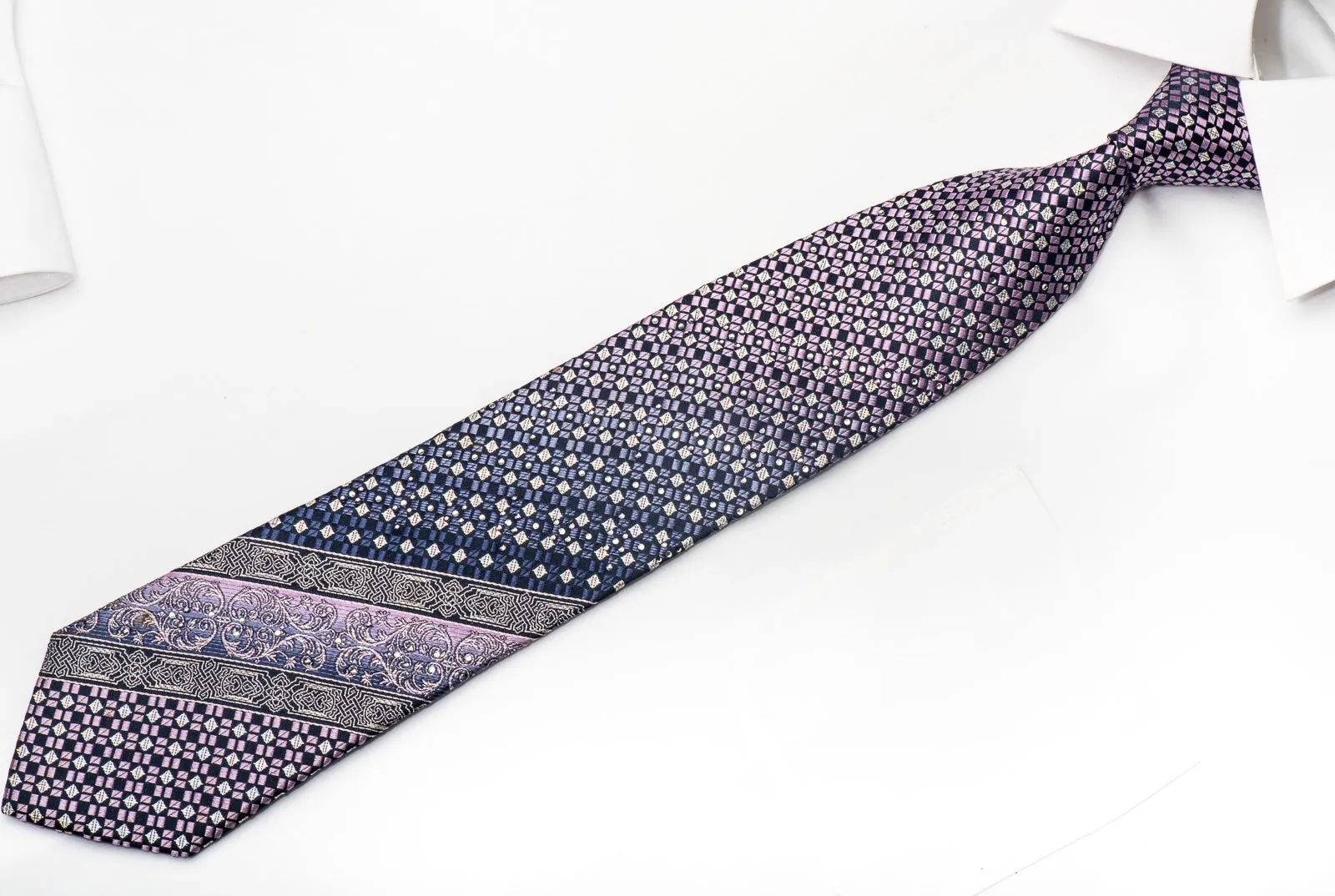 Rogatis Men's Rhinestone Silk Necktie Silver Purple Checkered With Silver Sparkles