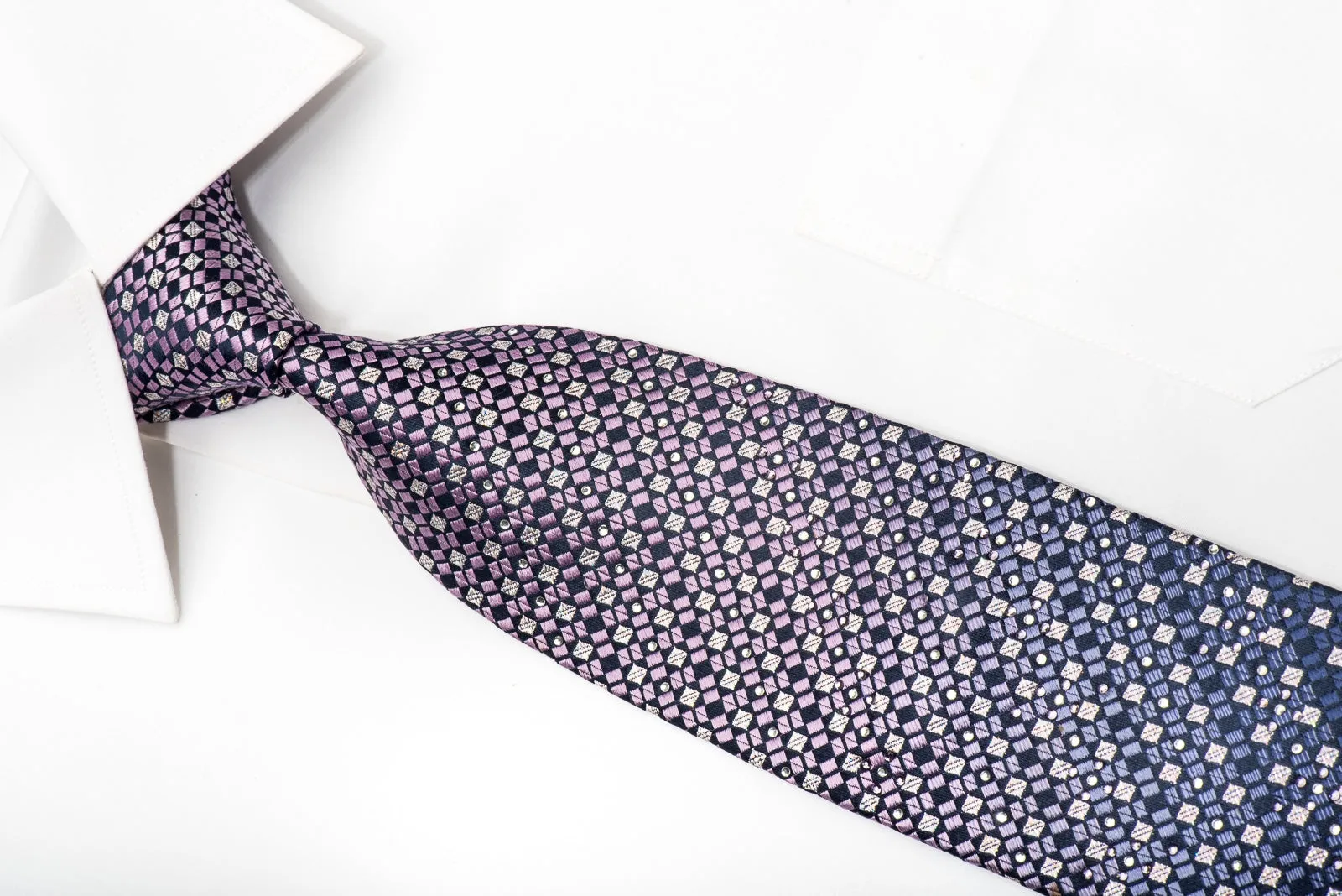 Rogatis Men's Rhinestone Silk Necktie Silver Purple Checkered With Silver Sparkles