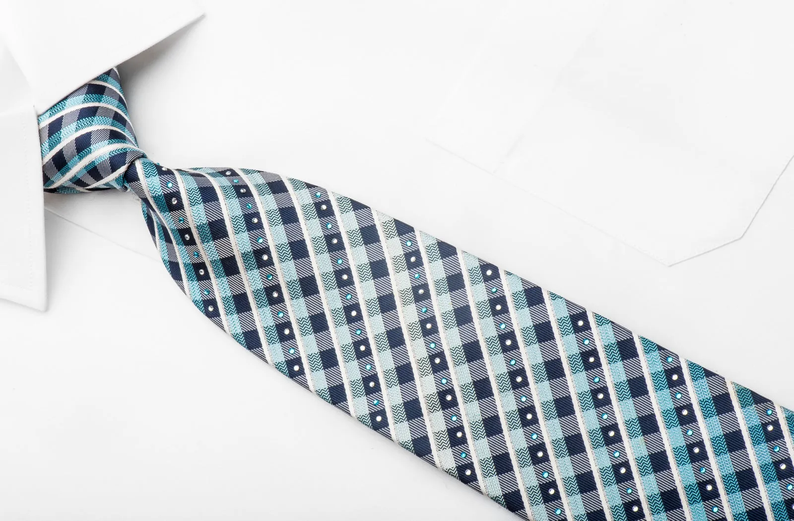 Rogatis Men's Rhinestone Silk Tie Blue Plaids With Silver Sparkles