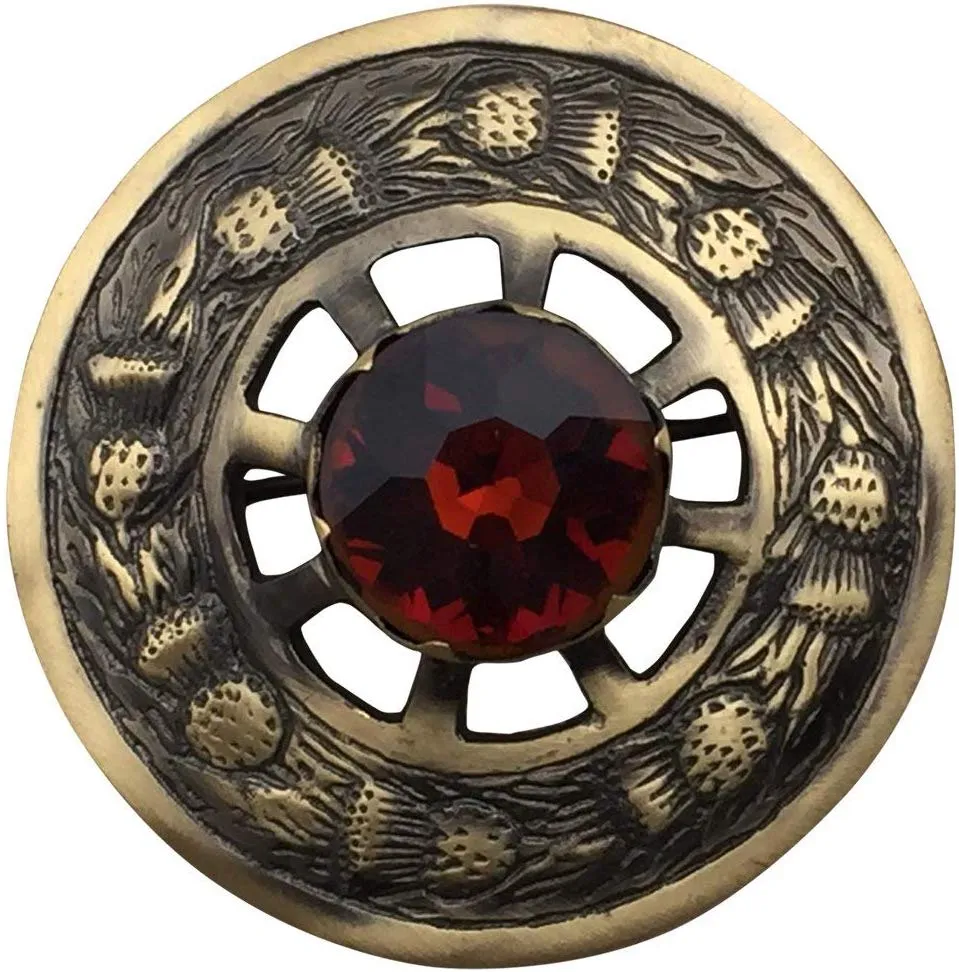 Scottish Highland Kilt Fly Plaid Brooch Thistle Design Antique Finish 3"