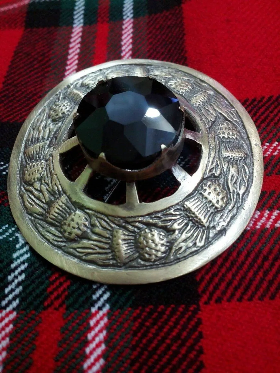 Scottish Highland Kilt Fly Plaid Brooch Thistle Design Antique Finish 3"