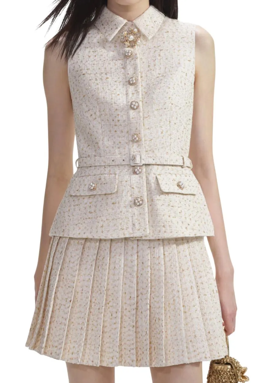 SELF-PORTRAIT - Cream Metallic Boucle Tailored Mini Dress