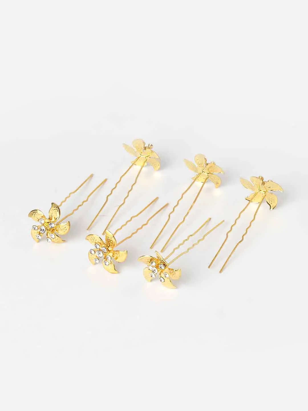 Set of 6 Gold-Toned Stone-Studded Floral Hair Pins