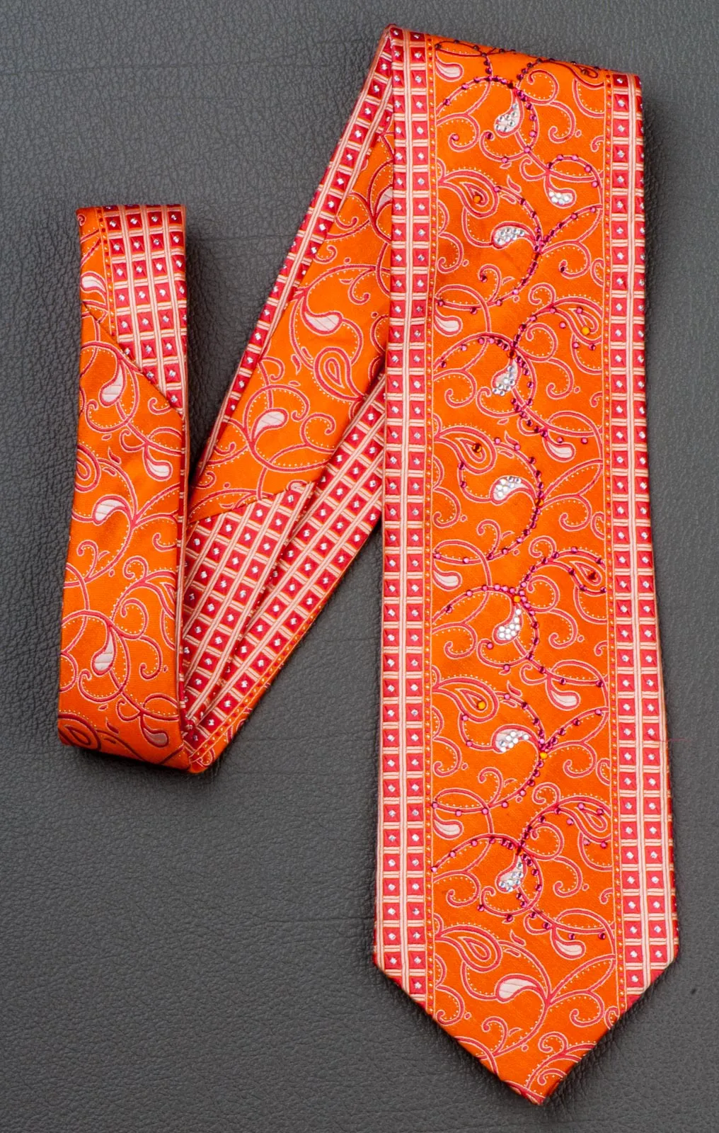 Silk Neck Tie With Rhinestones By B-Classic Red Paisley On Orange 3 1/2 Inch