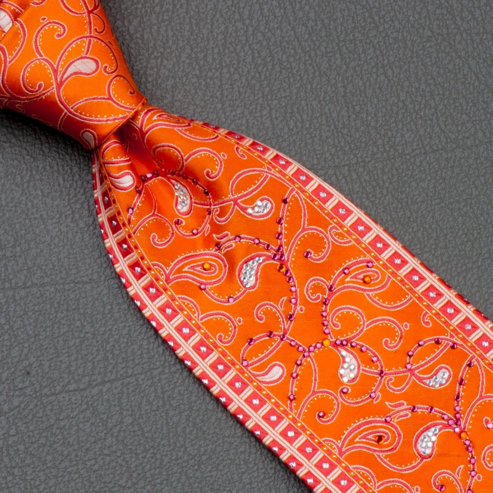 Silk Neck Tie With Rhinestones By B-Classic Red Paisley On Orange 3 1/2 Inch