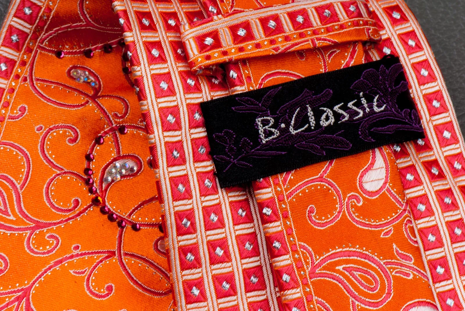Silk Neck Tie With Rhinestones By B-Classic Red Paisley On Orange 3 1/2 Inch
