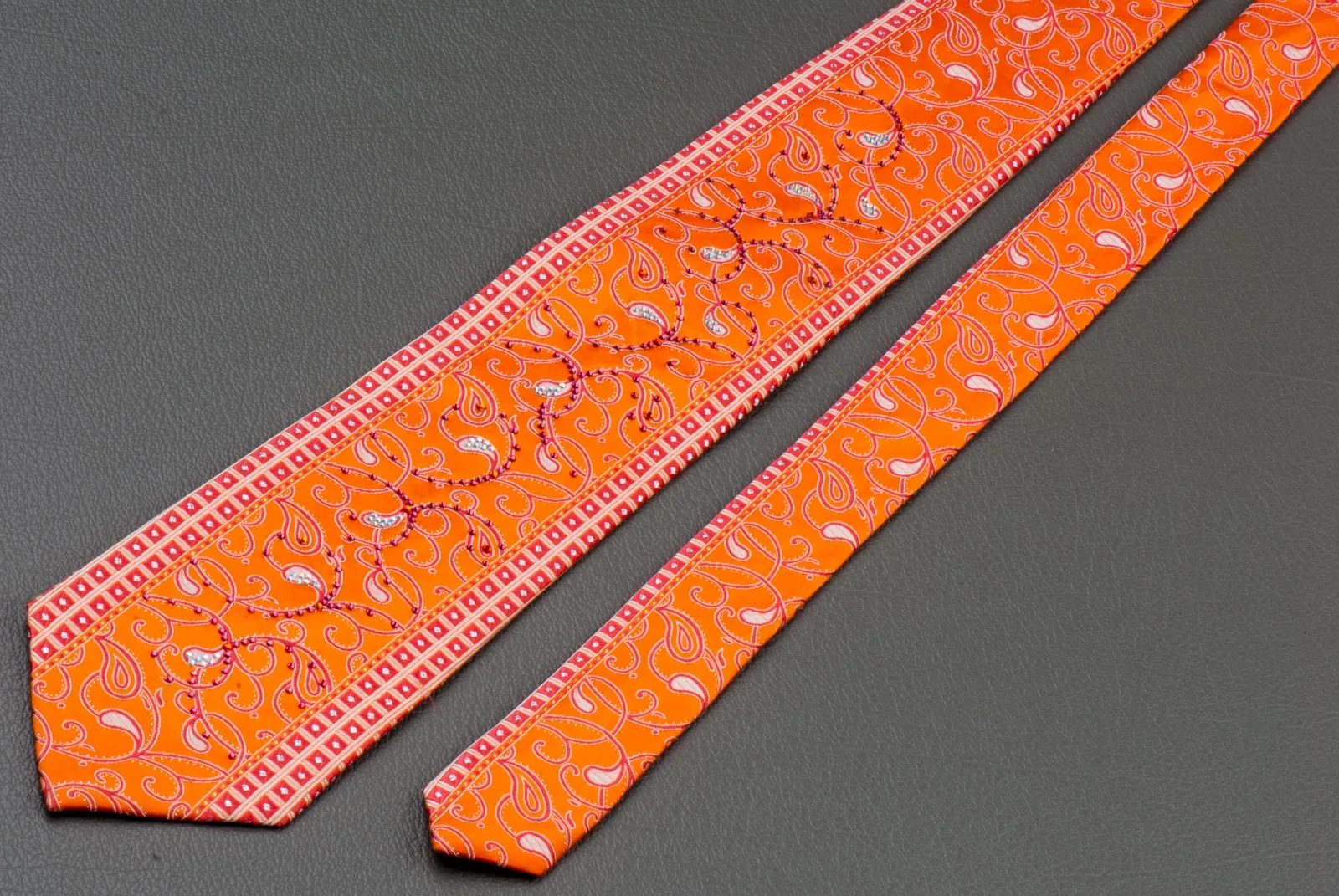 Silk Neck Tie With Rhinestones By B-Classic Red Paisley On Orange 3 1/2 Inch