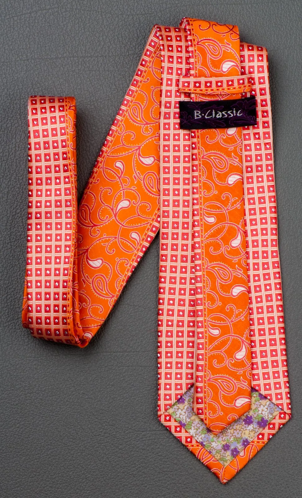 Silk Neck Tie With Rhinestones By B-Classic Red Paisley On Orange 3 1/2 Inch