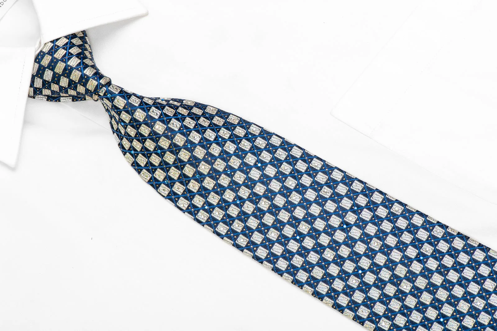 Silver Blue Checkered Rhinestone Silk Necktie With Gold Sparkles