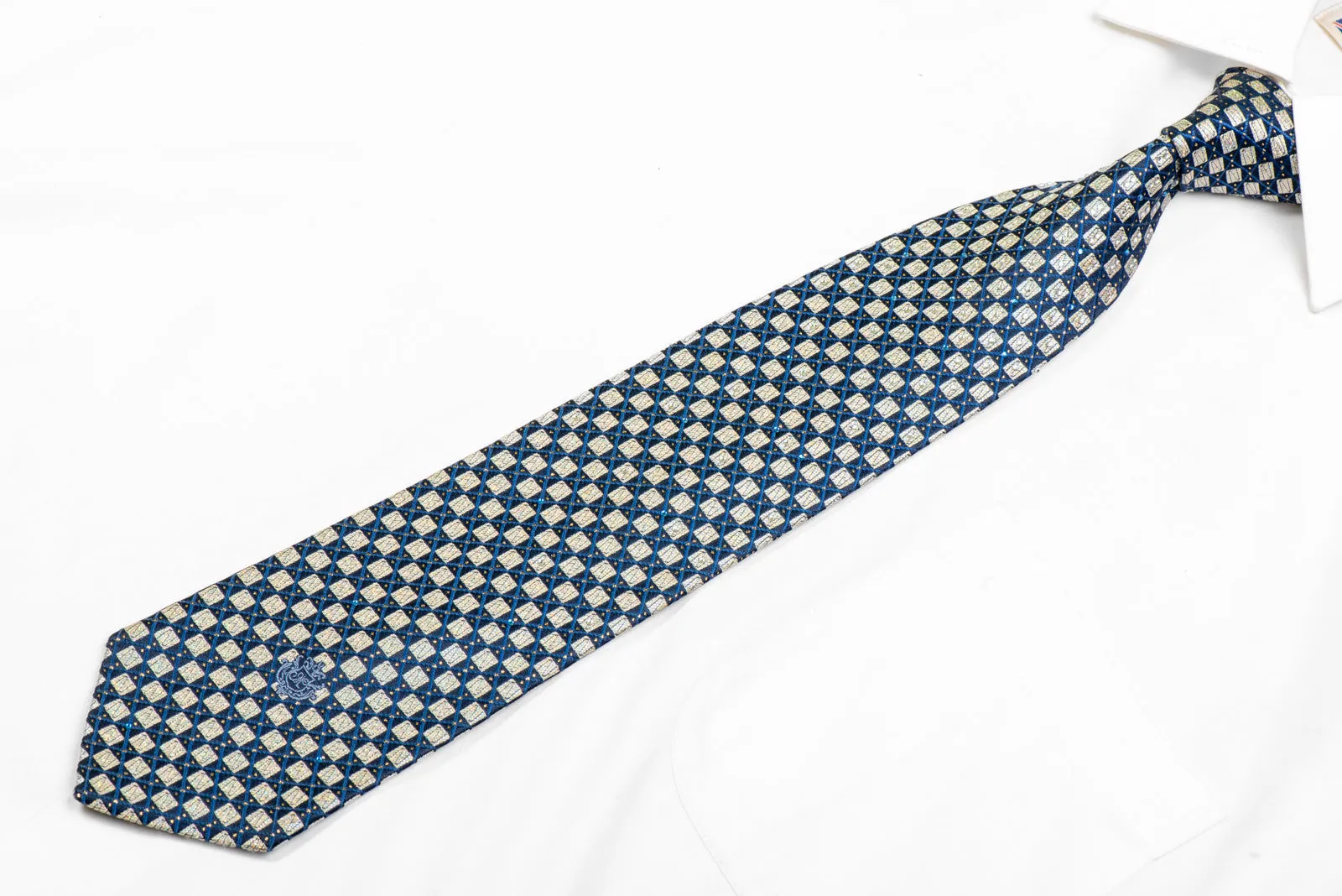 Silver Blue Checkered Rhinestone Silk Necktie With Gold Sparkles