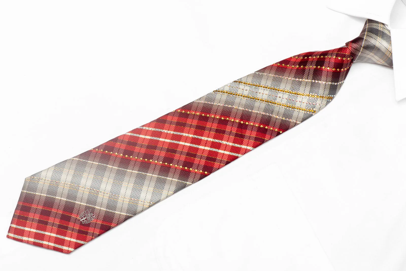 Silver Red Burgundy Plaid Design Rhinestone Silk Tie With Gold Sparkles