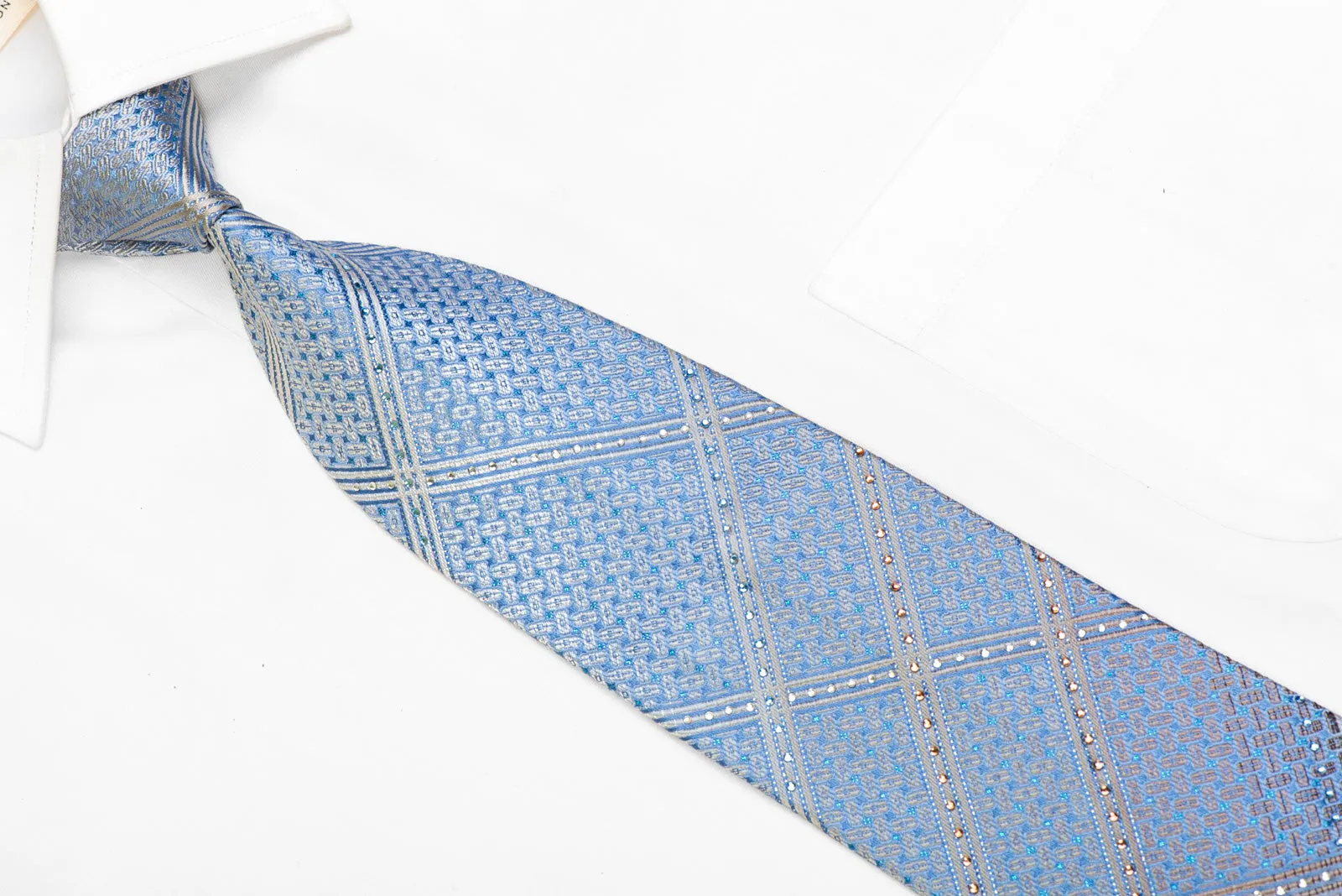 Silver Striped & Geometric On Blue Rhinestone Tie With Blue Sparkles