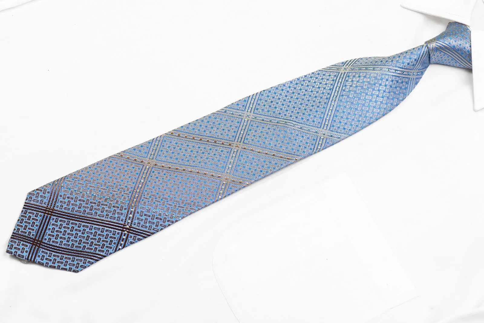 Silver Striped & Geometric On Blue Rhinestone Tie With Blue Sparkles