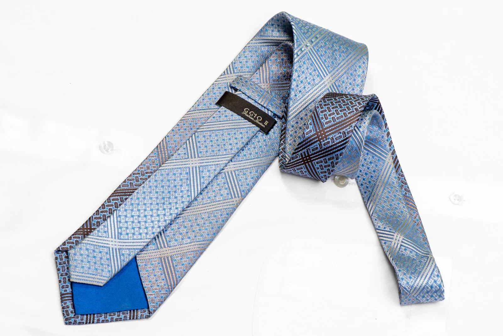 Silver Striped & Geometric On Blue Rhinestone Tie With Blue Sparkles