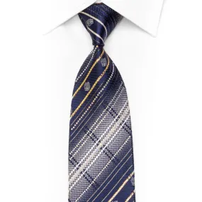 Silver Striped Plaid On Blue Rhinestone Silk Necktie With Silver Gold Sparkles