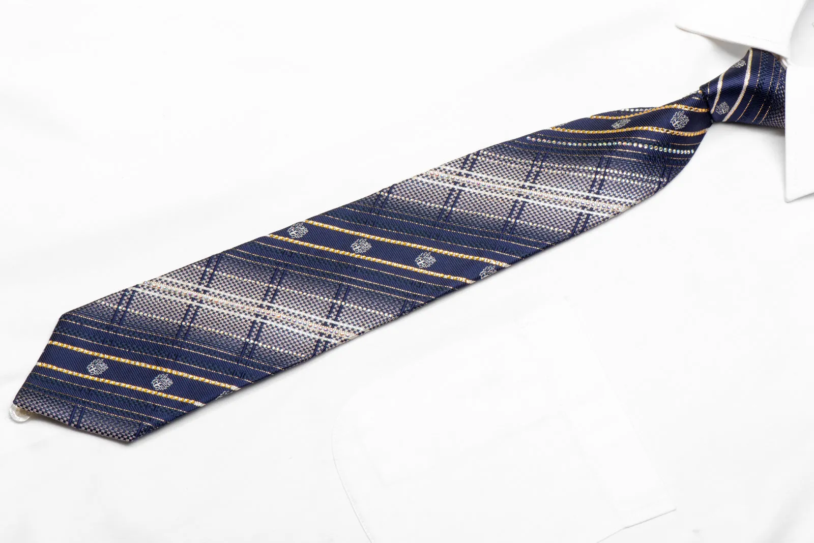 Silver Striped Plaid On Blue Rhinestone Silk Necktie With Silver Gold Sparkles