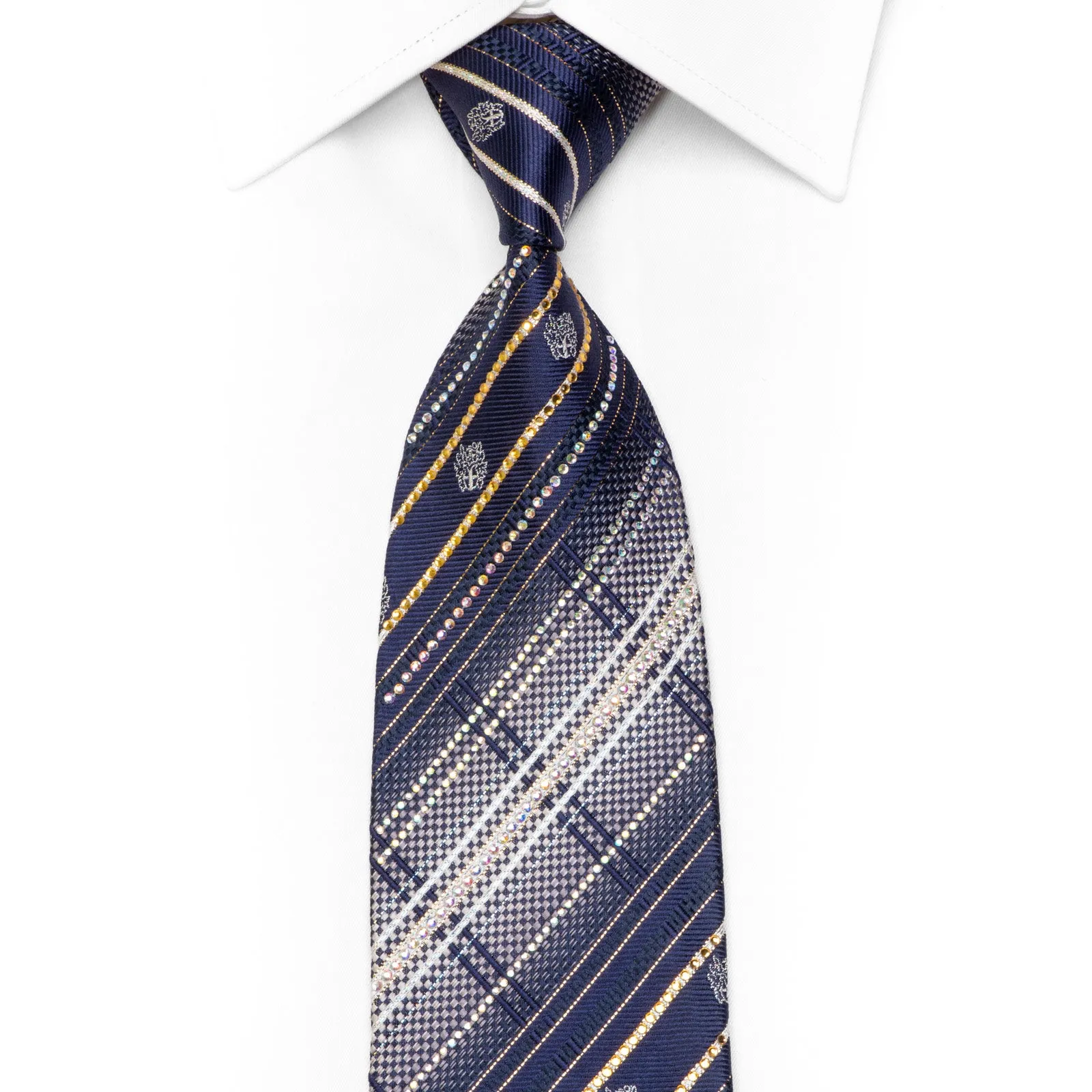 Silver Striped Plaid On Blue Rhinestone Silk Necktie With Silver Gold Sparkles