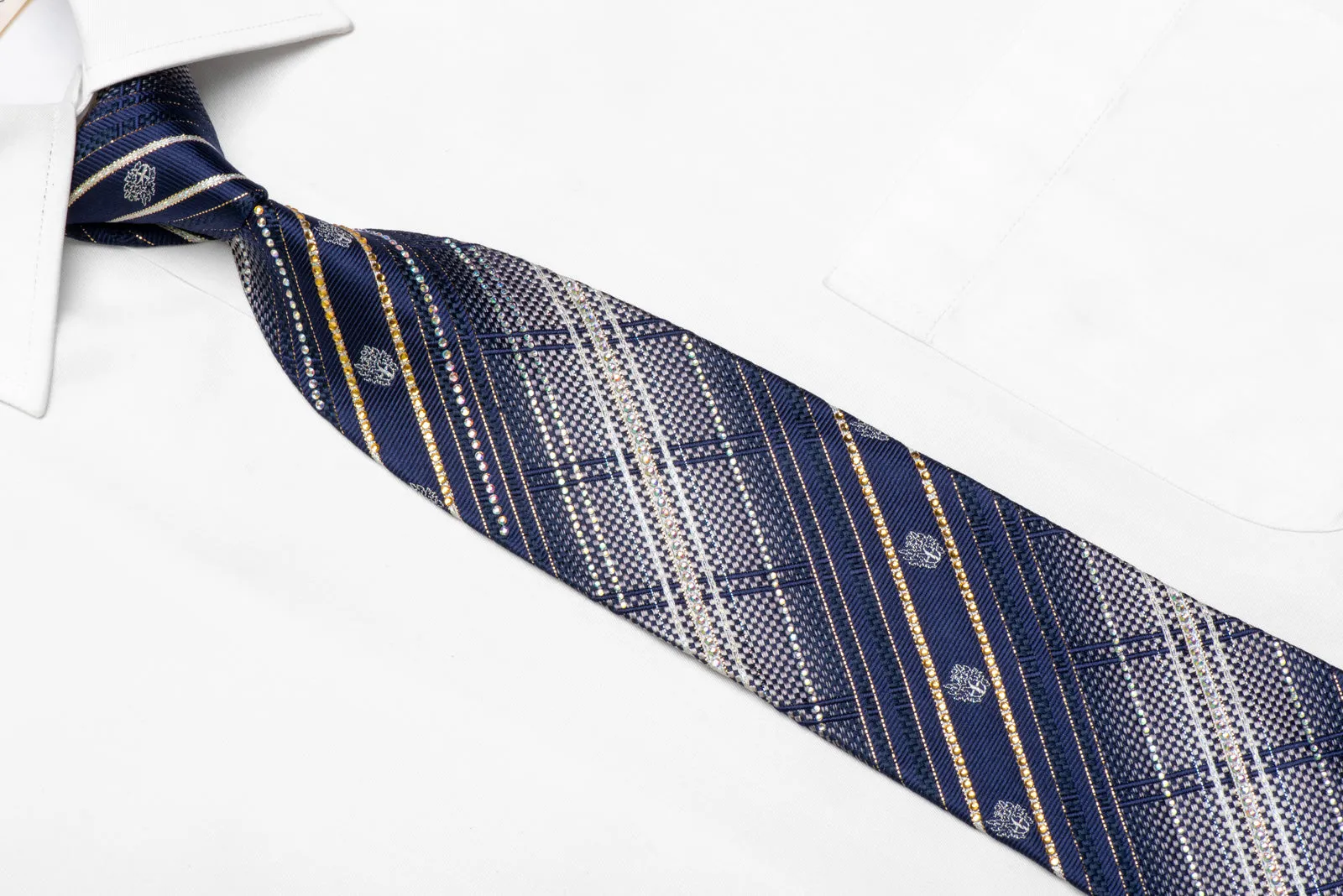 Silver Striped Plaid On Blue Rhinestone Silk Necktie With Silver Gold Sparkles