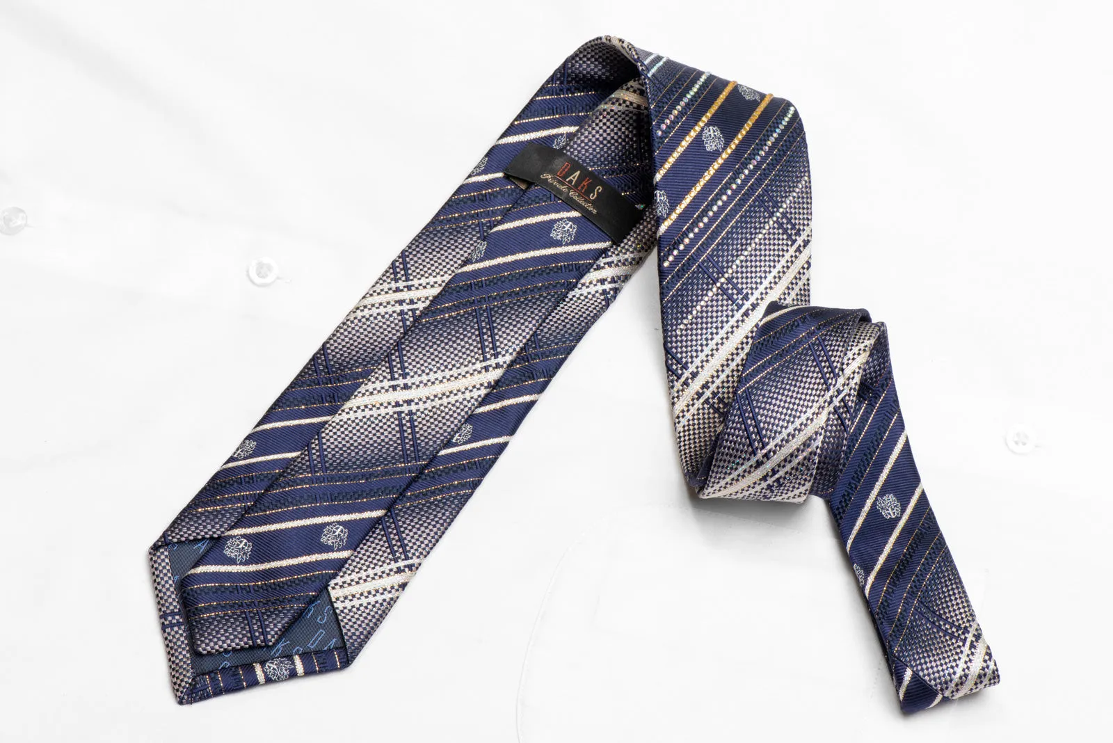 Silver Striped Plaid On Blue Rhinestone Silk Necktie With Silver Gold Sparkles