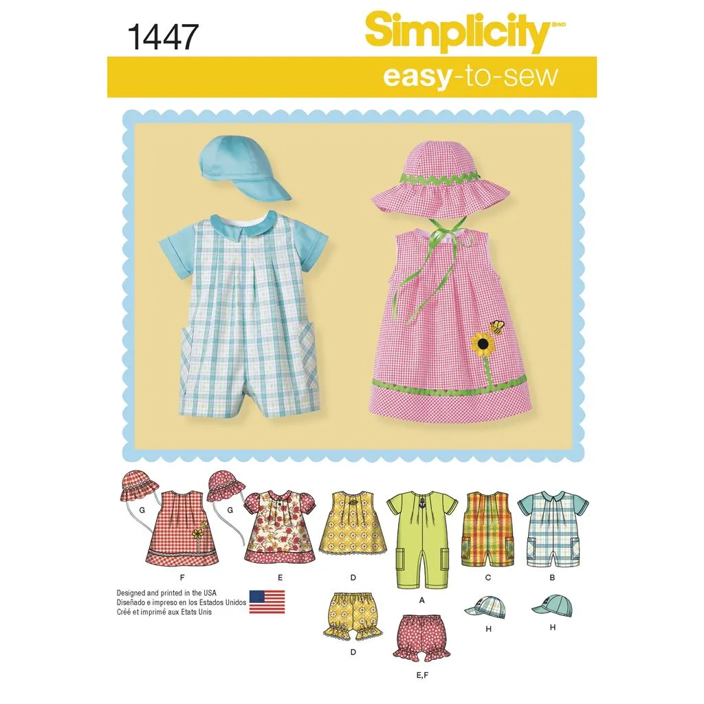 Simplicity Pattern 1447 Babies' Romper, Dress, Top, Panties and Hats