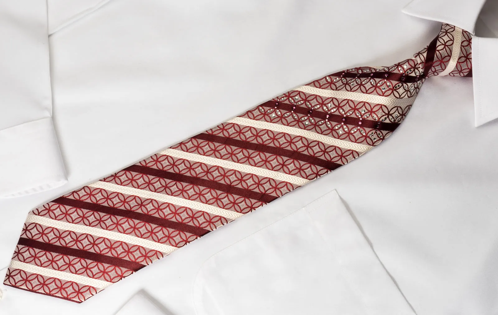 Smalto Rhinestone Necktie Burgundy White Striped On Silver With Silver Sparkles
