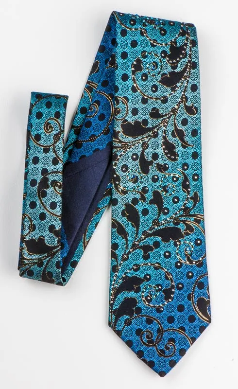 Teal Blue Gold Scrolls On Black Rhinestone Silk Tie With Sparkles