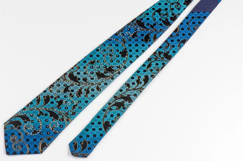 Teal Blue Gold Scrolls On Black Rhinestone Silk Tie With Sparkles