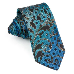 Teal Blue Gold Scrolls On Black Rhinestone Silk Tie With Sparkles
