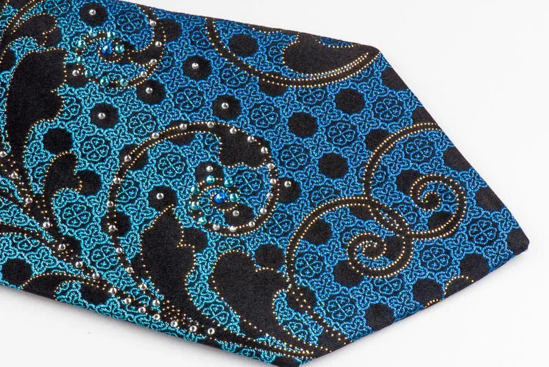 Teal Blue Gold Scrolls On Black Rhinestone Silk Tie With Sparkles