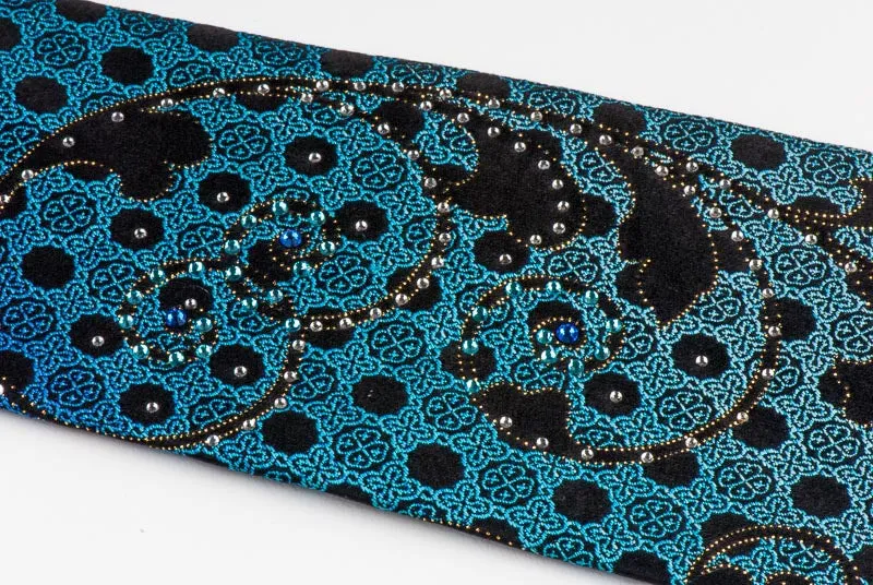 Teal Blue Gold Scrolls On Black Rhinestone Silk Tie With Sparkles