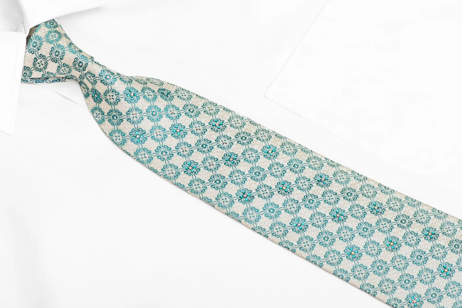Teal Cartouche On Off White Rhinestone Silk Necktie With Green Sparkles