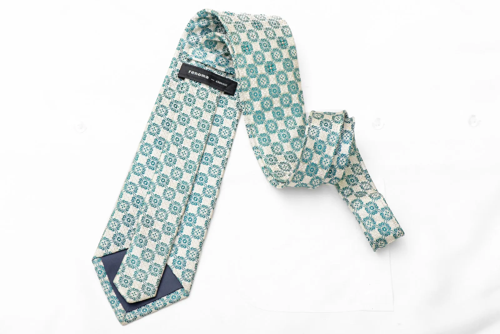 Teal Cartouche On Off White Rhinestone Silk Necktie With Green Sparkles