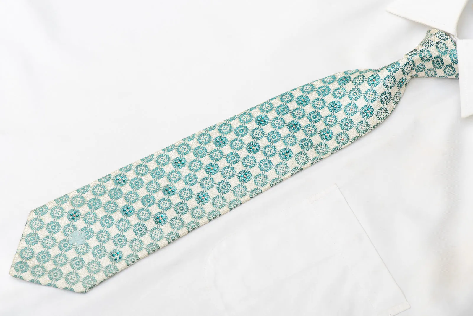 Teal Cartouche On Off White Rhinestone Silk Necktie With Green Sparkles