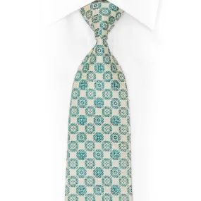 Teal Cartouche On Off White Rhinestone Silk Necktie With Green Sparkles