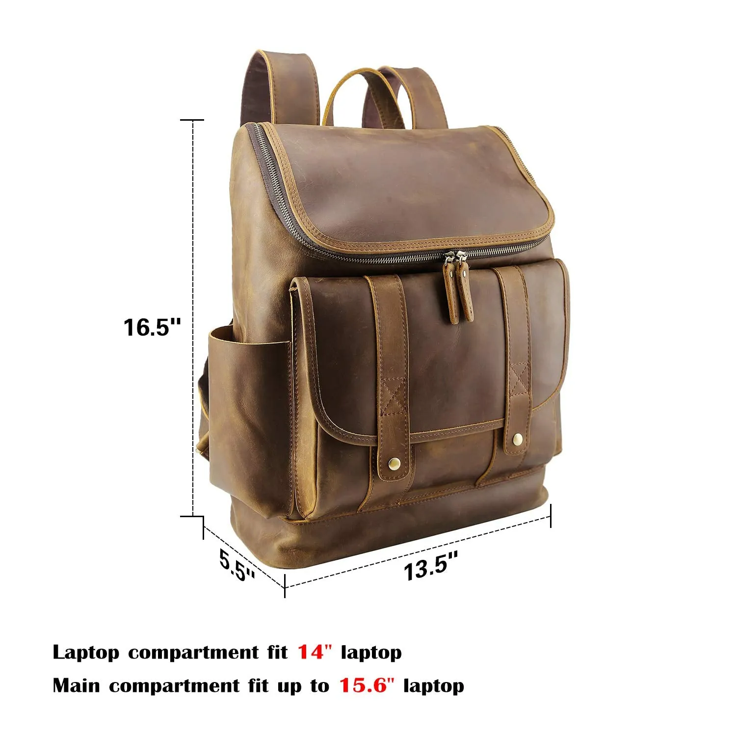 Texbo Vintage Full Grain Cowhide Leather 15.6 Inch Laptop Backpack Travel Office Bag Schoolbag with YKK Metal Zippers