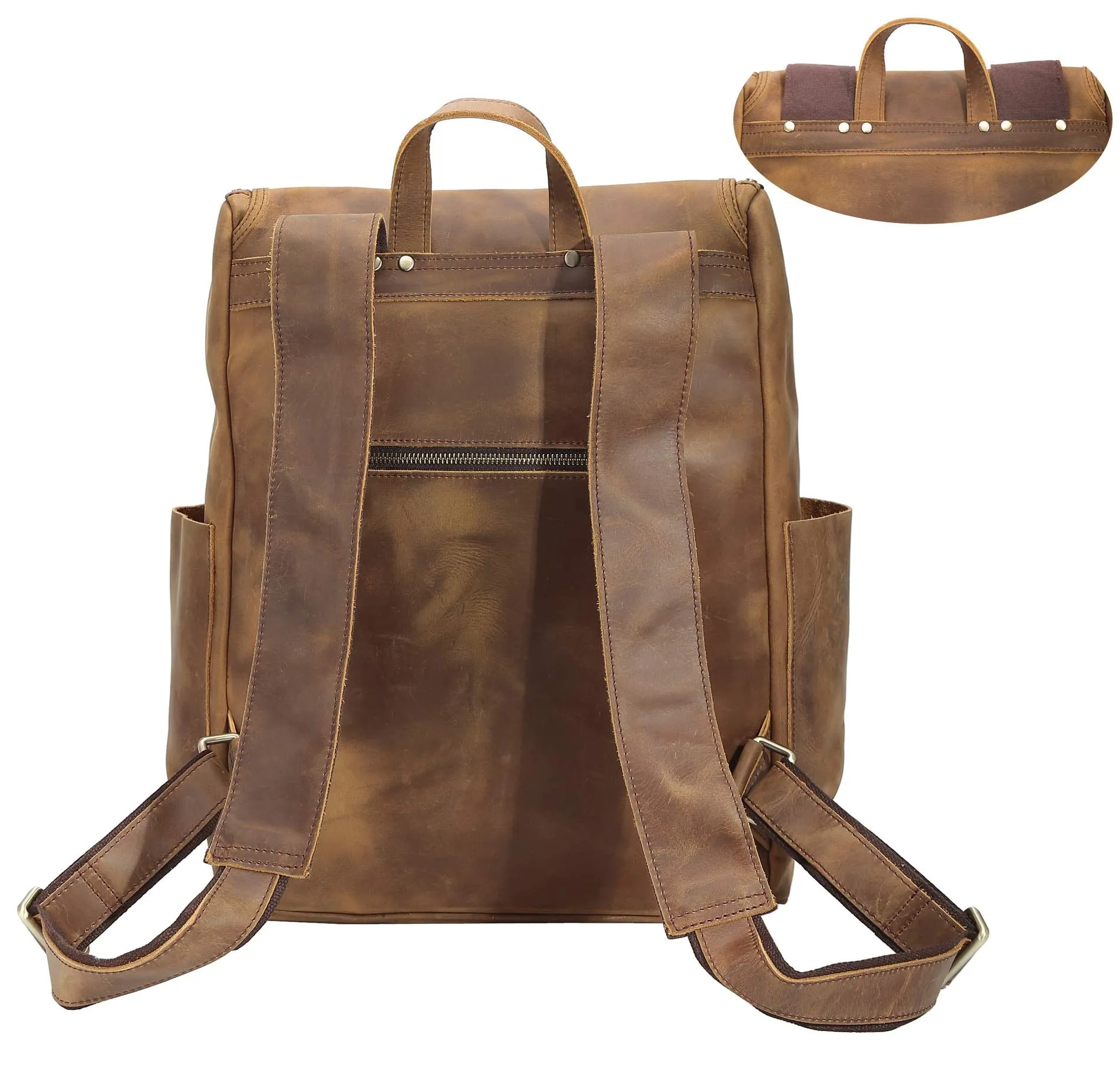 Texbo Vintage Full Grain Cowhide Leather 15.6 Inch Laptop Backpack Travel Office Bag Schoolbag with YKK Metal Zippers
