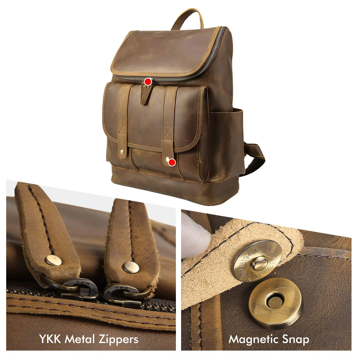 Texbo Vintage Full Grain Cowhide Leather 15.6 Inch Laptop Backpack Travel Office Bag Schoolbag with YKK Metal Zippers