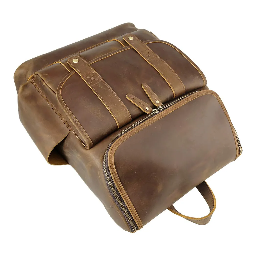 Texbo Vintage Full Grain Cowhide Leather 15.6 Inch Laptop Backpack Travel Office Bag Schoolbag with YKK Metal Zippers